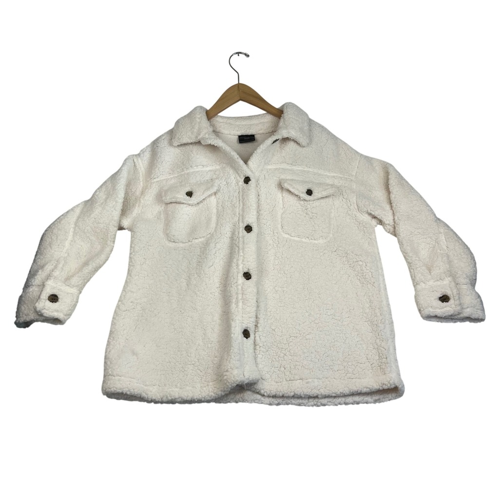 32 Degrees Heat White Sherpa Shirt Jacket Shacket XS/S Button Up Fuzzy Teddy